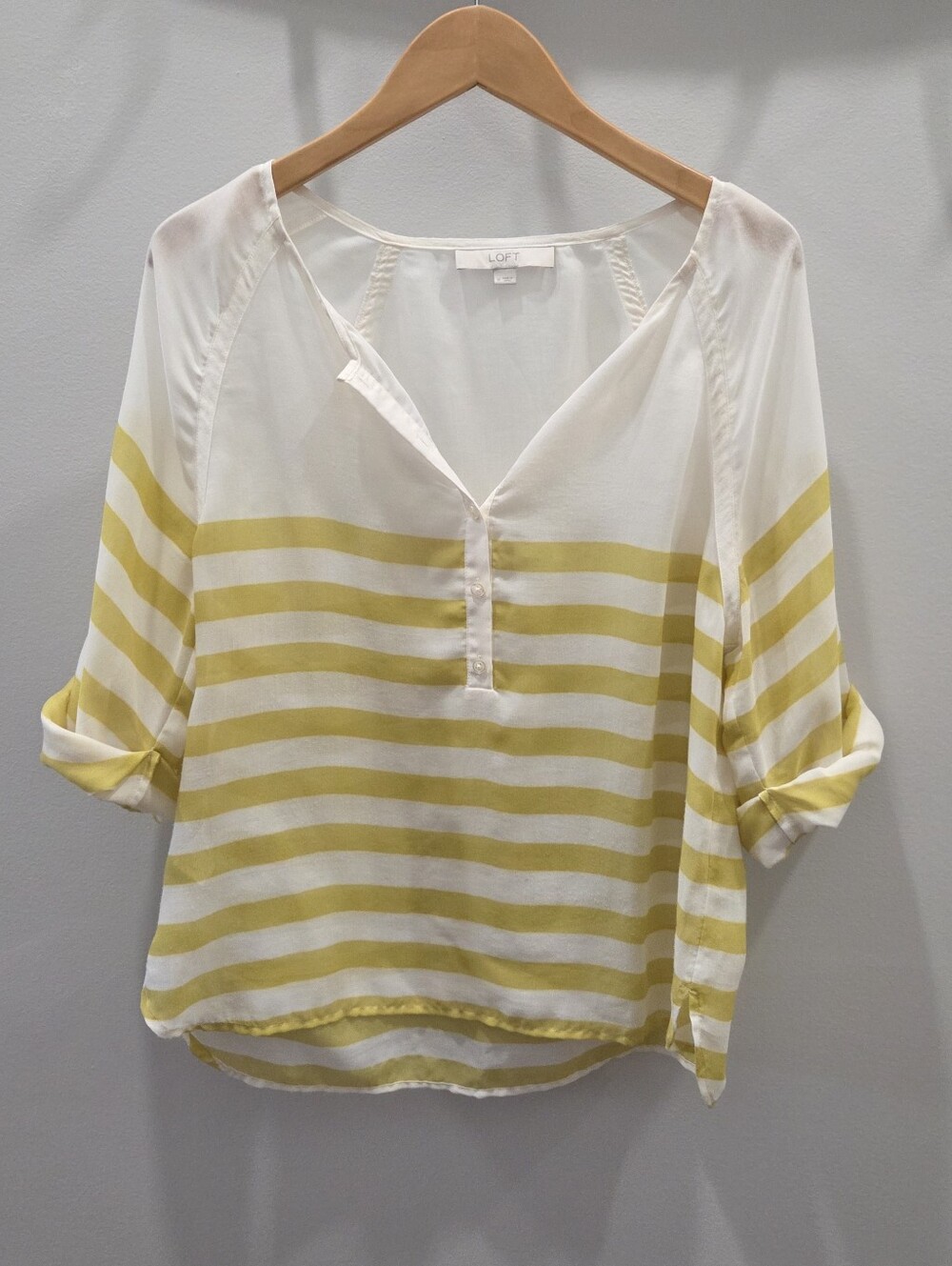 LOFT Yellow and White Striped V-Neck Pullover Blouse, Medium